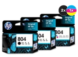 HP 804 Ink Cartridge Value Pack, 2 Black, 1 Tri-Colour, Original HP ink cartridges, blue and black packaging.