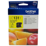 Brother LC131 Yellow Ink Cartridge packaging with fruit design and product details on yellow and blue label.