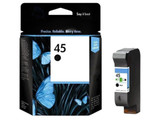 Genuine HP 45 Black Ink Cartridge, HP brand, black color, packaged in box with blue accents.