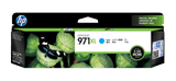 Genuine HP 971XL Cyan Ink Cartridge, HP brand, cyan color, XL high capacity.