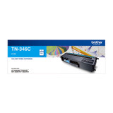 Brother TN-346 Cyan Toner Cartridge, original Brother product packaging with cyan color label and device shown.