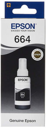 Epson T664 Black Ink Cartridge, genuine Epson product, in original packaging with white and blue design.