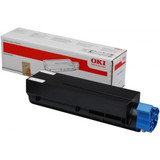 Oki MC873 Cyan Toner cartridge, black with blue end, in box, OKI branding visible.