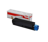Oki MC853 Black Toner cartridge with blue end cap and packaging box on white background.