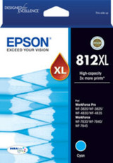 Epson 812XL DURABRite Cyan Ink Cartridge packaging with product details and branding visible clearly.
