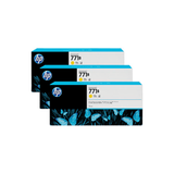 Three-pack of Genuine HP 771 Yellow DesignJet Ink Cartridges, HP logo, blue and black packaging.
