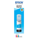 Epson T522 Cyan EcoTank Bottle, white and blue ink bottle with Epson branding on label.