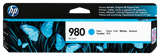 Genuine HP 980 Cyan Ink Cartridge, cyan color, HP brand, printer ink product packaging visible.