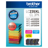 Brother LC235XL CMY Colour 3PK ink cartridges, genuine magenta, cyan, and yellow printer ink set.