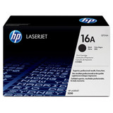 HP Genuine 16A Black Toner Cartridge for HP LASERJET 5200, compatible printer model, features sleek design and HP branding on packaging.