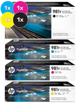 HP 981Y PageWide Ink Cartridge Value Pack, includes black, cyan, magenta, and yellow cartridges.