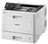 Brother HL-L8360CDW laser printer, white, with touchscreen display and front-loading paper tray visible.