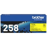 Brother TN258 yellow toner cartridge box with blue and black design and product details displayed.