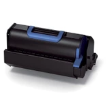 Oki B731 Black Toner cartridge with blue accents and handle, rectangular shape and sleek design.