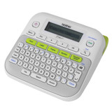 Brother D210 P-Touch Label Maker, white and green handheld labeler with keyboard and LCD display screen.