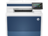HP Color Laserjet Pro MFP 4301Fdw Printer, white and blue, with touchscreen control panel and logo.