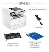 HP LaserJet Pro MFP 4101Fdn Printer, white, with touchscreen display and open paper tray visible.