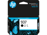 Genuine HP 937 Black Ink Cartridge packaging with blue  and white label on black background.