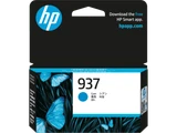 Genuine HP 937 Cyan Ink Cartridge, cyan color, HP branding, product packaging with blue  design.