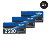 Three Brother TN-2530 black toner cartridges, blue packaging, Brother logo, and model number clearly visible.