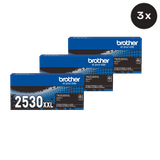 Three Brother TN-2530XXL black toner cartridges, blue and black packaging with white Brother logo visible.