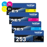 Brother TN-253 Toner Cartridges Value Pack, 2x Black, 1x Cyan, Magenta, Yellow, Brother brand packaging.