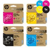 HP 924e Printer Cartridge Bundle, four cartridges, cyan, magenta, yellow, black, HP brand packaging shown.