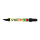 Artline 107001 Genuine Office Supply Permanent Marker, black tip and barrel, colorful label on white background.