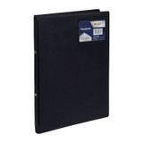 Marbig Flexible Binder A4 20mm, black office folder with label on a white background.