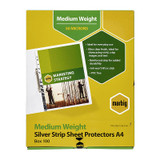 Marbig A4 medium weight sheet protectors, silver strip, box of 100, genuine product packaging.