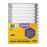 Marbig A4 Reinforced 1-12 Tab Black & White Plastic Tab Dividers, Genuine product packaging shown.