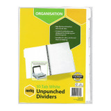 Marbig A4 10 Tab Manilla Index Dividers, unpunched, white tabs, genuine product packaging shown.