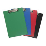 Marbig A4 Polypropylene Clipfolder in assorted colours, green, blue, red, and black, with metal clips.