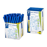 Staedtler Noris blue polyethylene writing cups, pack of 50, displayed in and out of packaging.