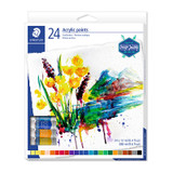 Staedtler Acrylic Paint Set, assorted colors, box of 24, vibrant floral artwork on packaging visible.