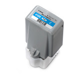 Canon PFI4100 Cyan Ink Cart, gray and blue color with barcode on top label clearly shown.