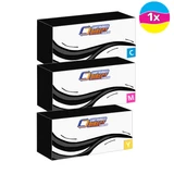 Compatible Brother TN-257 CMY colour pack, three boxes, black, white, cyan, magenta, yellow toner cartridges.