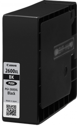 Canon PGI2600XLBK high yield black ink cartridge with label and QR code on side.