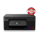 Canon G3670BK MegaTank Printer, black, with 2-year warranty, featuring colored ink tanks on front panel.