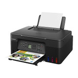 Canon G3670BK MegaTank Printer, black, with paper tray extended and colorful ink cartridges on right side.