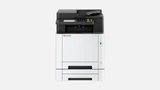 Kyocera MA2600CFX Clr MFP, white and black printer with two drawers, front view, office equipment.