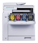 OKI MC554dnw Colour A4 MFP with open toner cartridge tray showing yellow, magenta, cyan, and black cartridges.