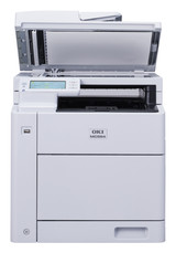 OKI MC554dnw Colour A4 MFP printer with open top and control panel visible on front.
