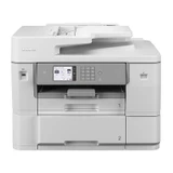 Brother MFCJ6959DW white inkjet MFC printer with control panel and dual paper trays visible.