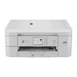 Brother DCPJ1800DW Inkjet printer, white, front view with open paper tray and control panel visible.