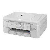 Brother DCPJ1800DW Inkjet printer, white, front view showing control panel and open paper tray.
