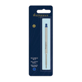 Waterman Ballpoint Refill, medium blue, silver barrel, packaged in navy blue and light blue retail blister pack.