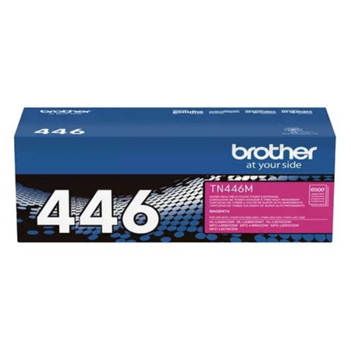 Brother TN446 Mag Toner Cart, blue and pink packaging with white Brother logo and model number.