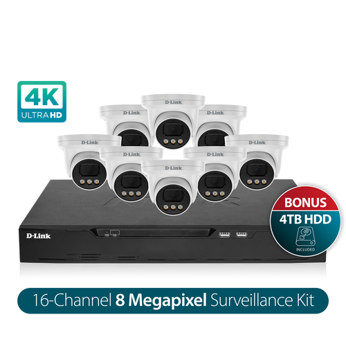 D-Link DNR16P-8MP-4TB Vigilance Surveillance Kit 16CH NVR & 8 x 8MP Turret Cameras - 4TB HDD