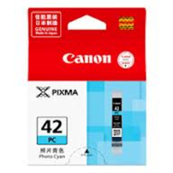 Canon CLI42 Photo Cyan Ink cartridge packaging with PIXMA logo and product details.
